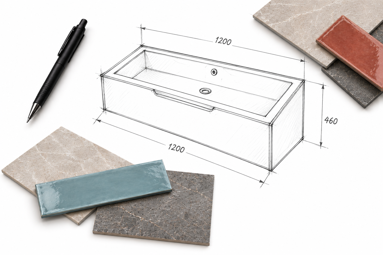 Skizze eines Waschbeckens mit Materialmustern