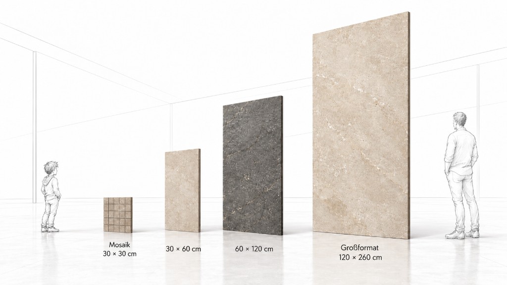 Fliesenformate von Mosaik 3 mal 3 cm bis Großformat 120 mal 260 cm