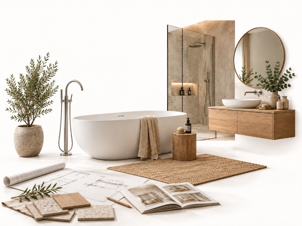 Badplanung mit freistehender Wanne, Dusche und Waschtisch